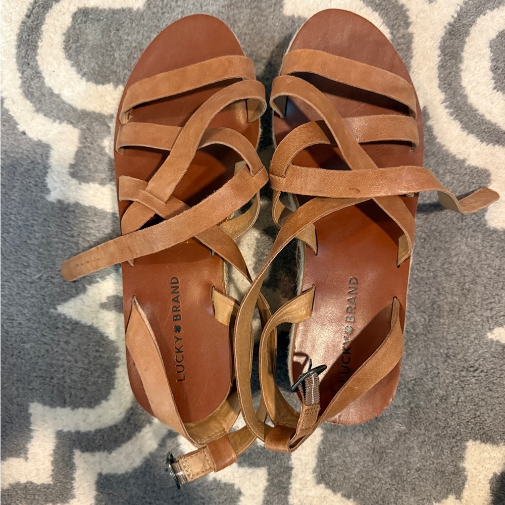 Lucky Brand Strappy Tan Suede Ankle Wrap Sandals